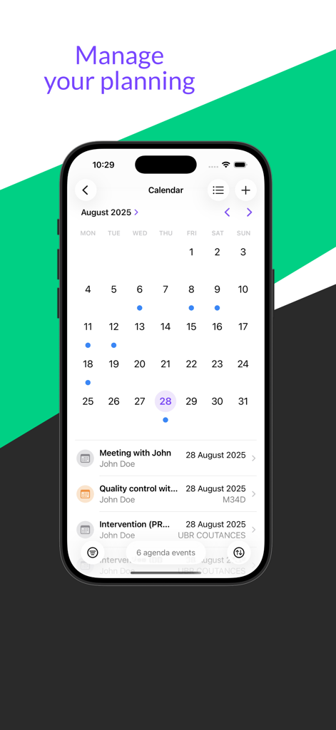 DoliApp: My Dolibarr ERP CRM - DoliApp-Mobile-Kalender-Oberfläche, die Geschäftsplanung und Agenda-Ereignisse für August zeigt