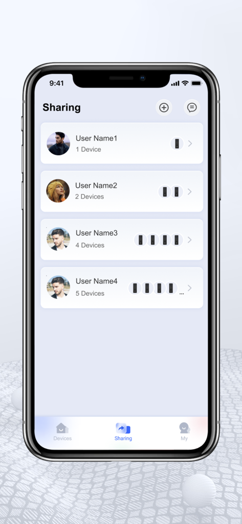 KK Home - A screenshot of the KK Home app sharing screen displaying a list of users and the number of smart devices shared with each of them.