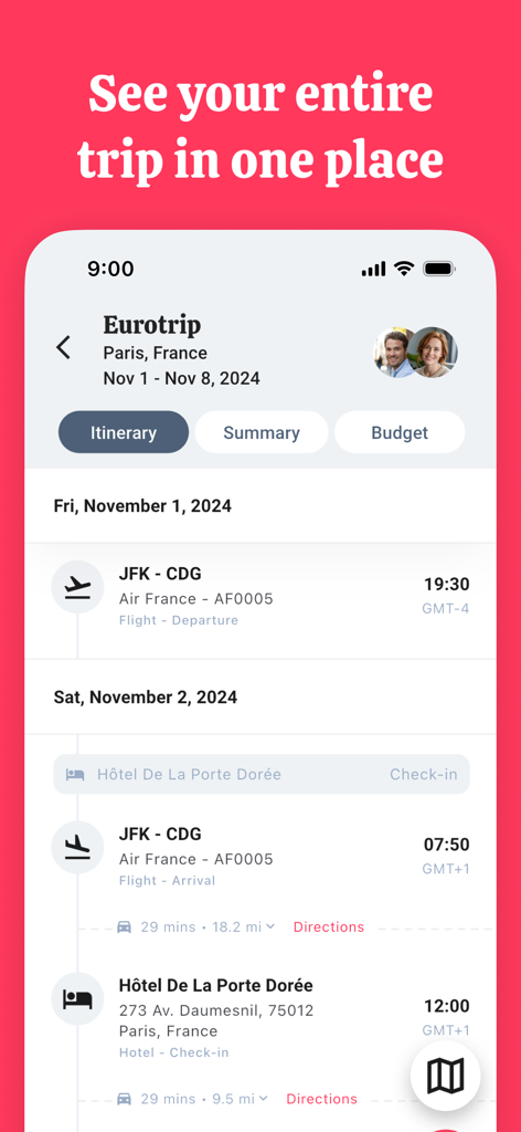 TripZen - Travel Planner - TripZen app interface showing a detailed daily travel itinerary for a trip to Paris with flight and hotel details.