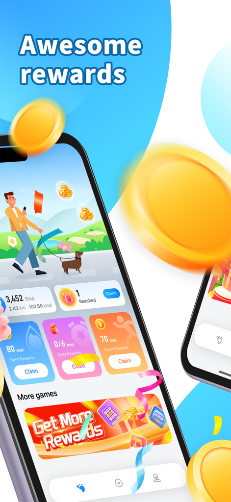 RunCash-Rewards For Walk - A screenshot of the RunCash app showing daily step counts and various rewards available to claim for walking and physical activity.