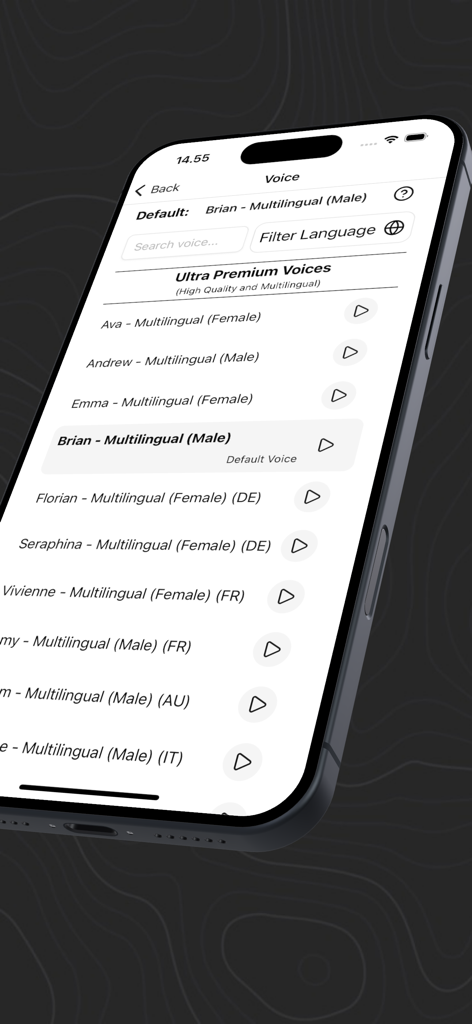 AI Reader: Read Aloud Pdf Book - Uma lista de vozes de IA multilíngues premium para conversão de texto em voz na aplicação AI Reader.