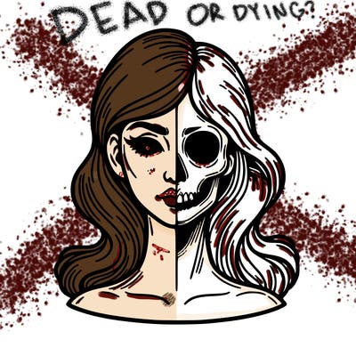 bust of a woman, half face and hair, half skull