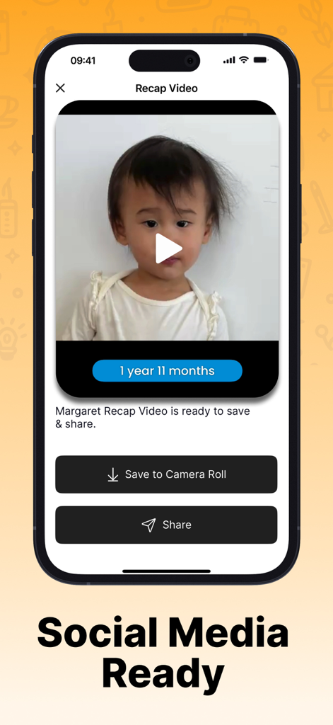 Recap - Photo Timelapse - A mobile interface for Recap app showing a toddler's timelapse video ready to be saved or shared to social media