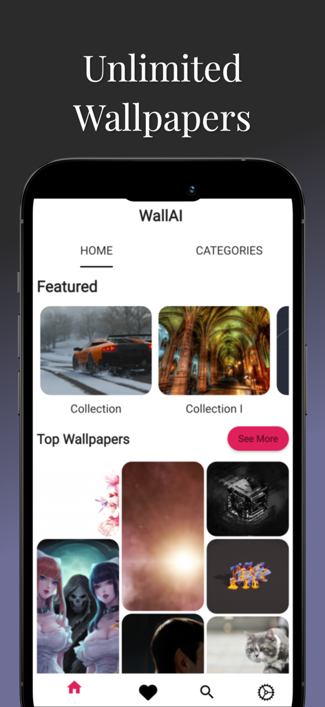 EdgeAura: Wallpaper AI - Interfaz de la aplicación EdgeAura mostrando una galería de fondos de pantalla ilimitados generados por IA.