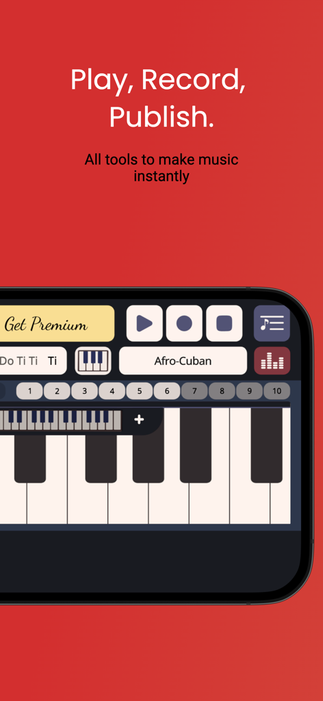 Simple Arranger Keyboard - Pantalla de smartphone mostrando la interfaz de la aplicación Teclado Arreglista Simple con herramientas de reproducción y grabación sobre un fondo rojo.
