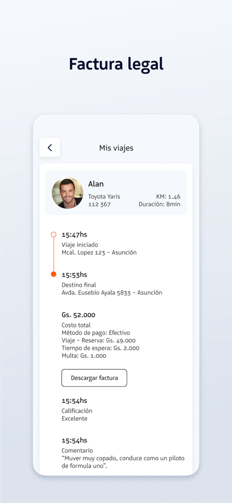 Tela de resumo de viagem do aplicativo MUV mostrando detalhes do motorista, custos da viagem e um botão para baixar uma fatura legal para despesas.