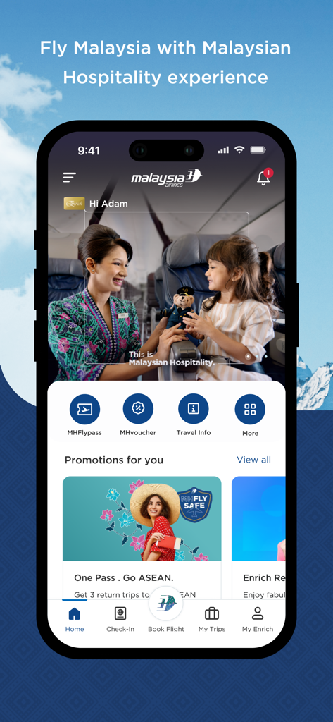 Interfaccia home dell'app mobile Malaysia Airlines che mostra servizi di viaggio e ospitalità malese