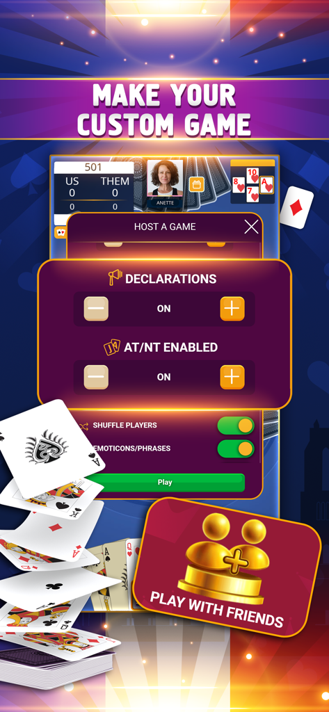 Un écran montrant les paramètres de jeu personnalisés dans l'application VIP Belote, incluant des options pour héberger une partie et jouer avec des amis.