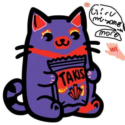 cat with a bag of takis