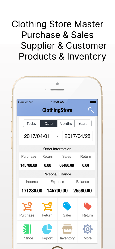 Mobile app dashboard showing financial summaries for a clothing store