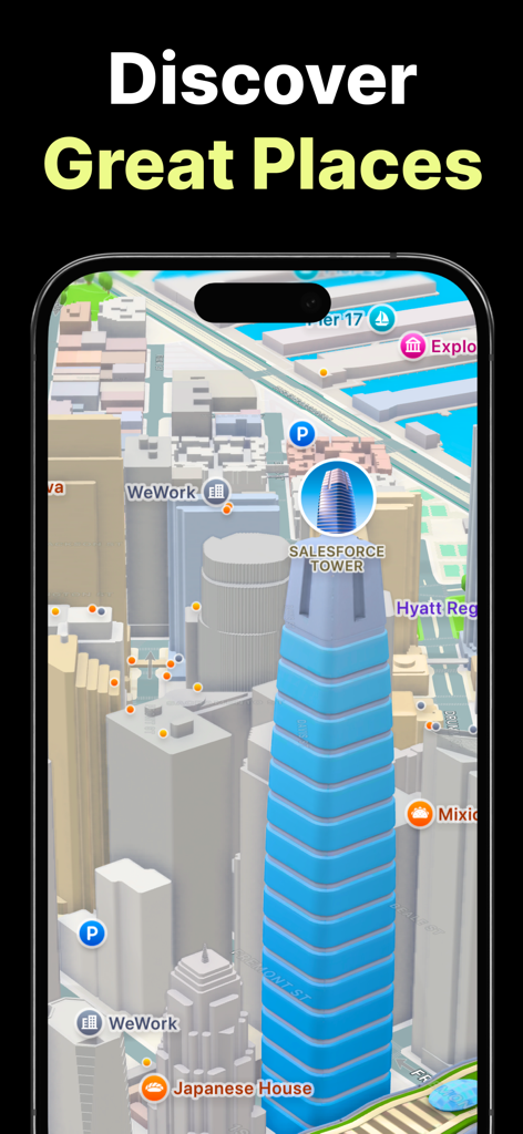 Une interface de carte de ville 3D montrant la Salesforce Tower à San Francisco dans l'application Street View.