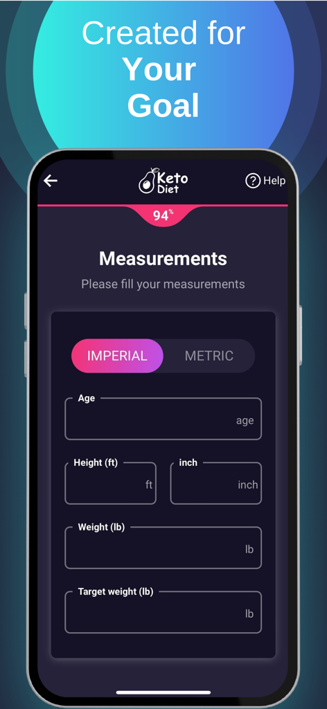 Your Keto Diet - Mobile app screen for Your Keto Diet showing a form for personal measurements including age height and weight