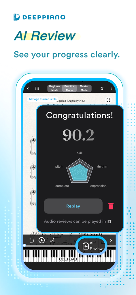 DeepPiano AI performance review screen showing a score of 90.2 and a skill radar chart for piano practice.
