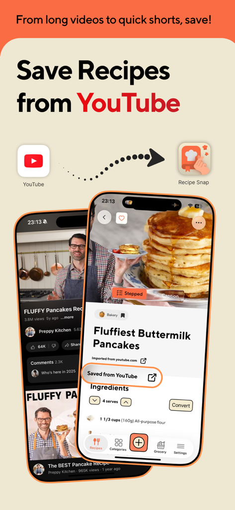Recipe Keeper: RecipeSnap - Interface showing how to save a pancake recipe from a YouTube video into the RecipeSnap app
