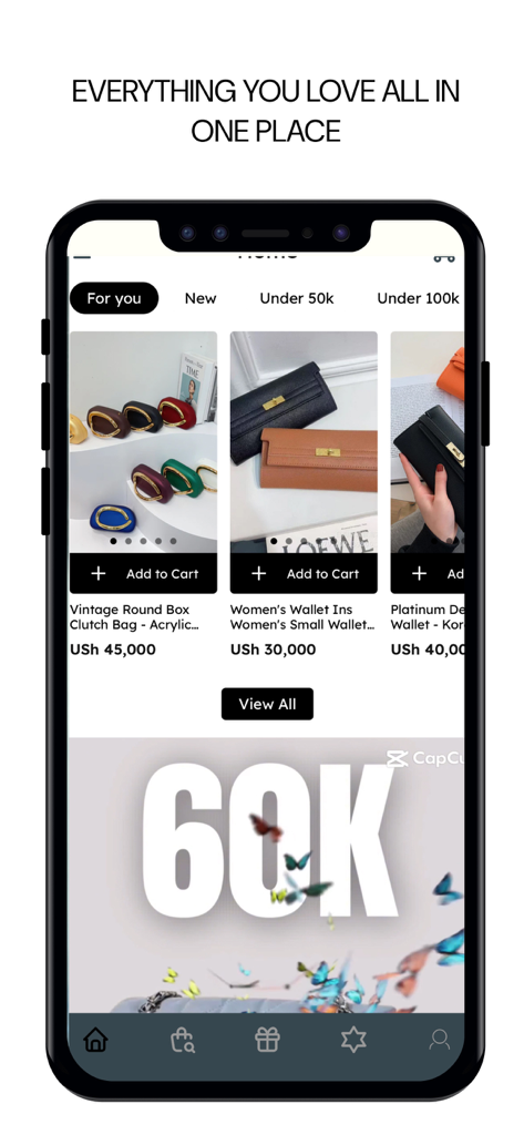Moda UG: Fashion & Shopping - Schermata dell'app mobile che mostra una selezione curata di borse e portafogli da donna con prezzi locali