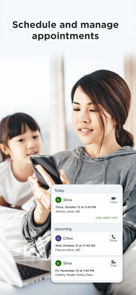 My Doctor Online (NCAL Only) - A woman using the My Doctor Online app to manage and schedule medical appointments for her family
