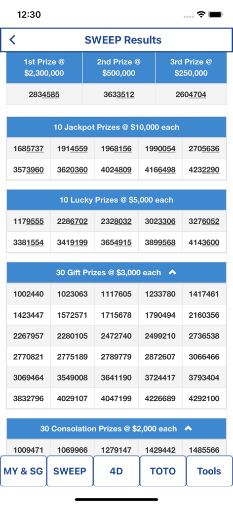 Écran des résultats de Singapore Sweep avec les niveaux de prix et les numéros gagnants
