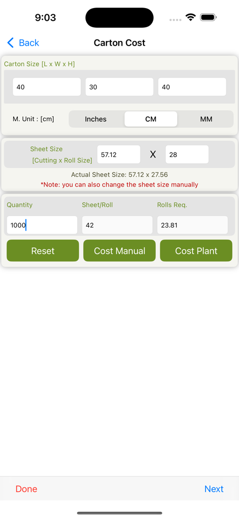 A mobile app screen for calculating corrugated carton costs with inputs for dimensions and quantity.