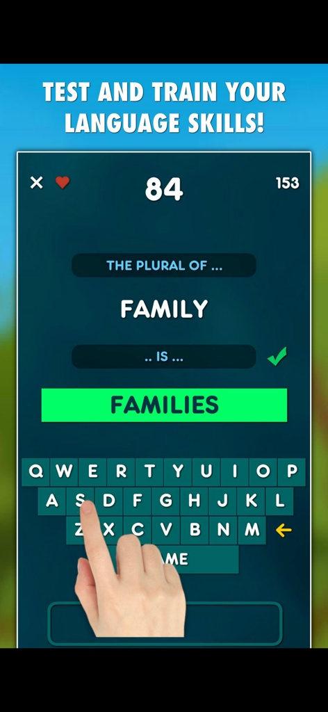 Plurals & Singulars Test - Interface d'application mobile pour tester les formes de mots plurielles anglaises.