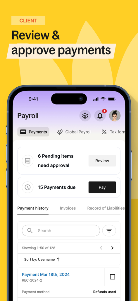 Deel app mobile dashboard for reviewing and approving global payroll payments