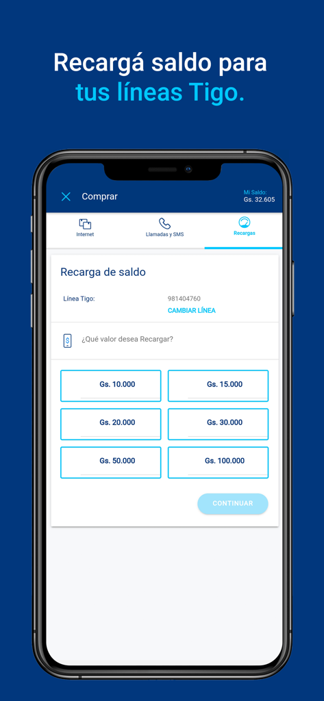 Interfaz de la aplicación Mi Tigo Paraguay que muestra las opciones de recarga de saldo para líneas móviles