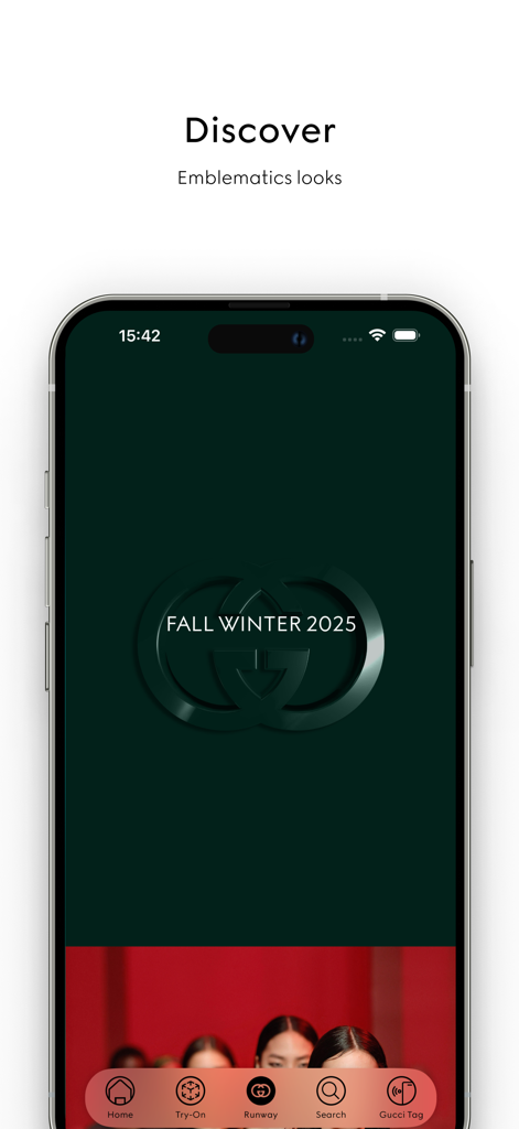 GUCCI - Gucci app interface showing the Discover screen for the Fall Winter 2025 collection.