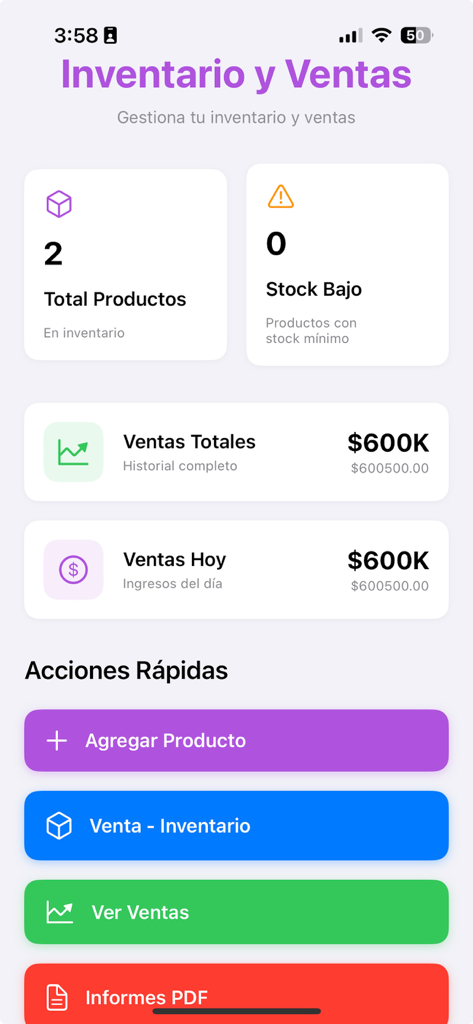 Inventario y Venta - Dashboard principale dell'app Inventario e Vendite che mostra metriche di inventario e riepiloghi delle vendite su un iPhone