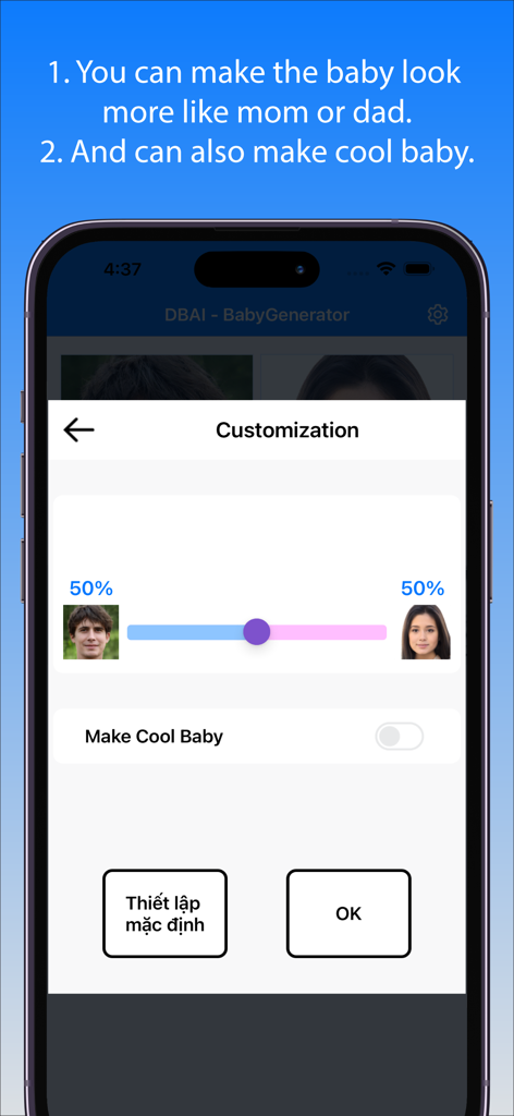 Interface de personnalisation de l'application BabyGenerator avec un curseur pour ajuster la ressemblance entre les parents.