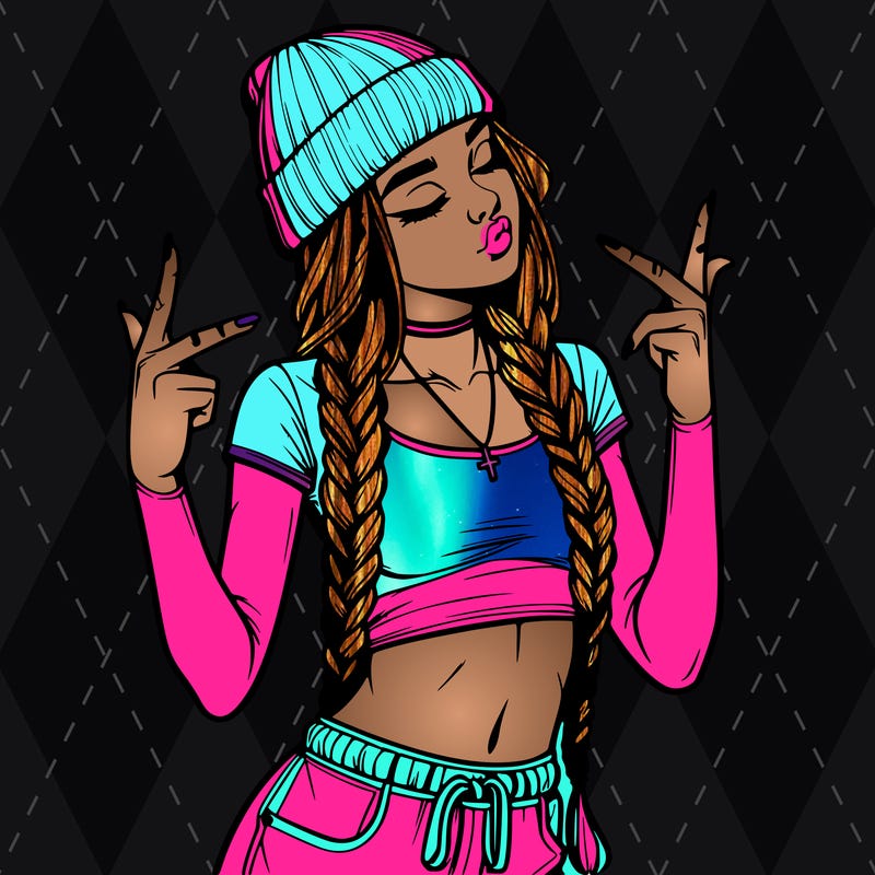 realistic teenage girl with braids and a beanie and crop top doing 🫶🏼
