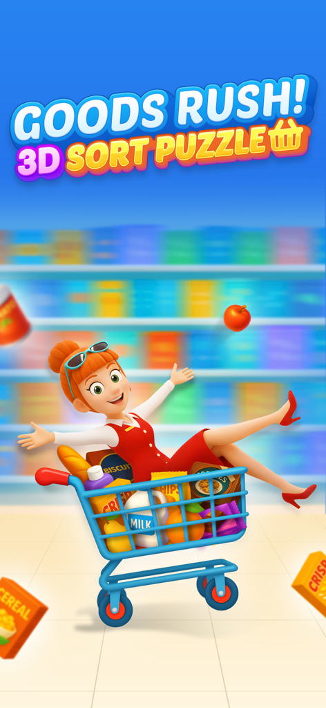 A cheerful cartoon woman sitting in a shopping cart filled with groceries in a supermarket aisle for the Goods Rush 3D Sort Puzzle game.