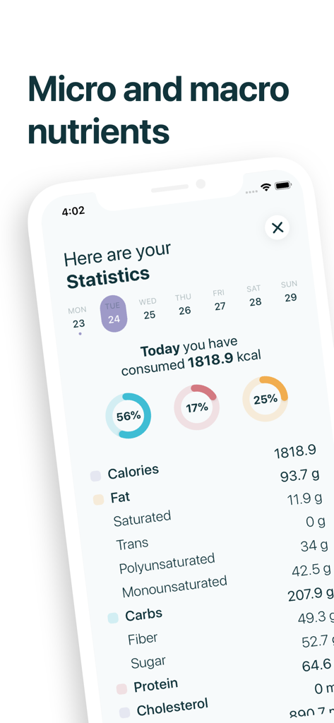 Oberfläche der Simple Vegan App, die tägliche Makro- und Mikronährstoff-Tracking-Statistiken anzeigt