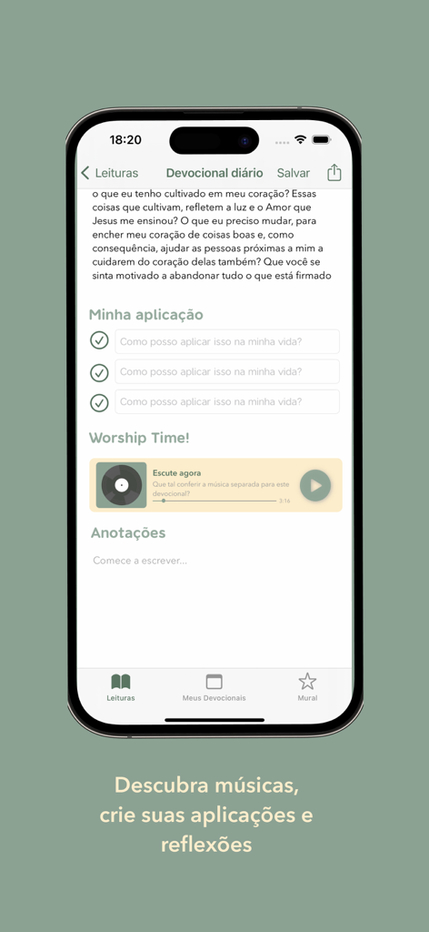 Meu Devocional - Meu Devocional app interface showing a daily devotional page with sections for application, a worship music player, and personal notes.