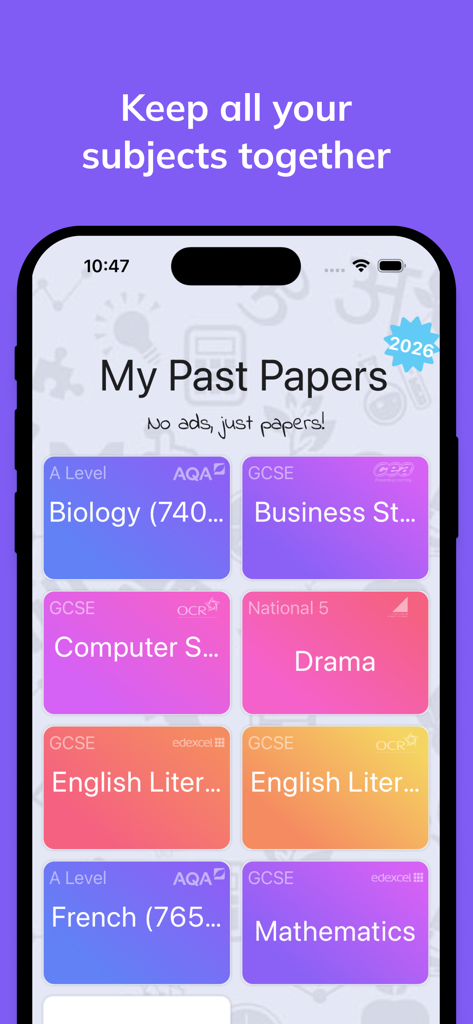 My Past Papers - Personalisiertes Dashboard in der My Past Papers App, das verschiedene GCSE- und A-Level-Fachkacheln für einfachen Zugriff auf Wiederholungsmaterialien anzeigt.