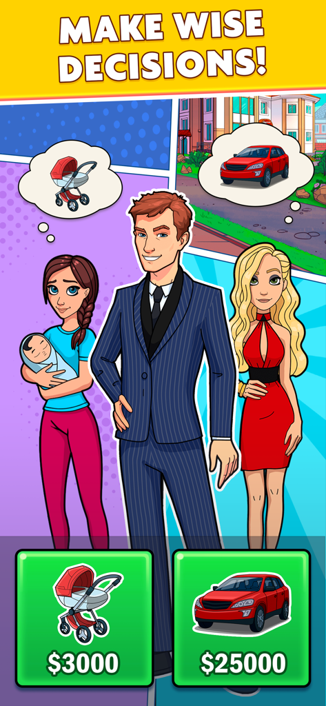 A life simulation game screen showing a man choosing between buying a baby stroller for his family or a luxury car