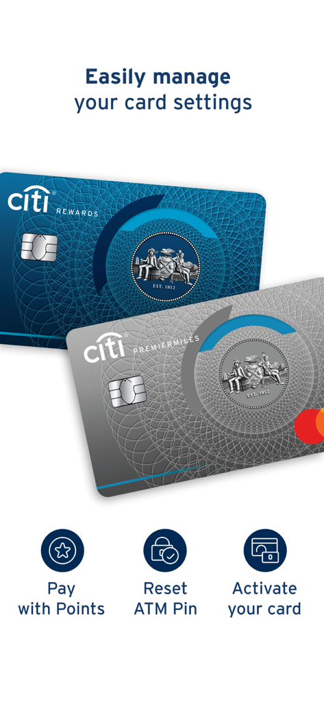 Pantalla de la aplicación móvil Citibank HK que muestra funciones de gestión de tarjetas de crédito, incluyendo pago con puntos y restablecimiento de PIN de cajero automático