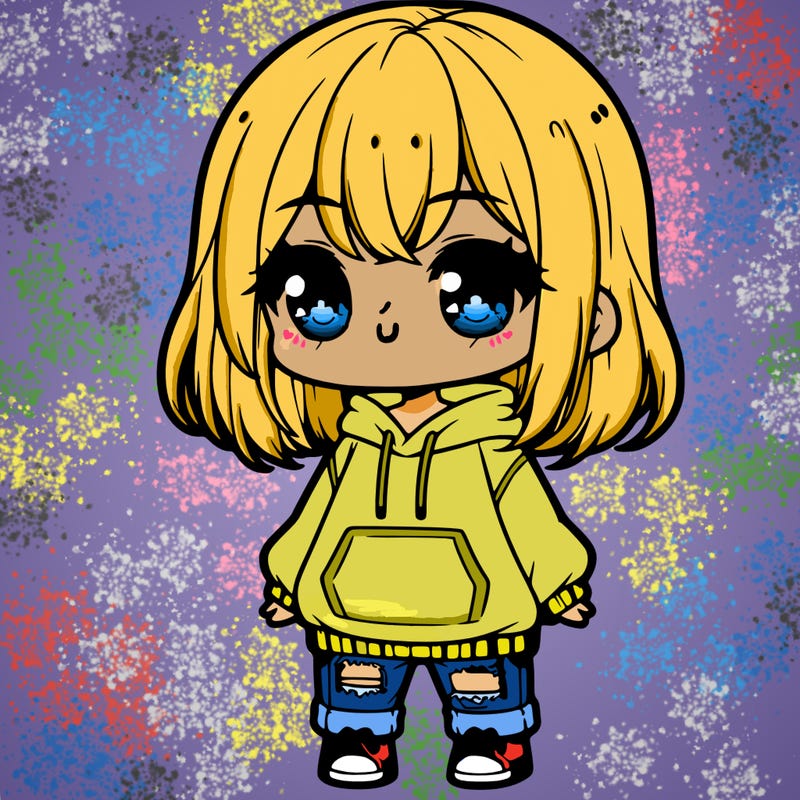 cute chibi girl with medium length hair, an oversized hoodie, and jeans