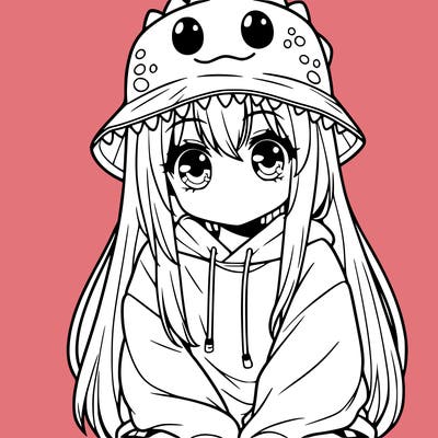 girl with anime shaped eyes with a dinosaur bucket hat oversized sweatshirt long straight hair