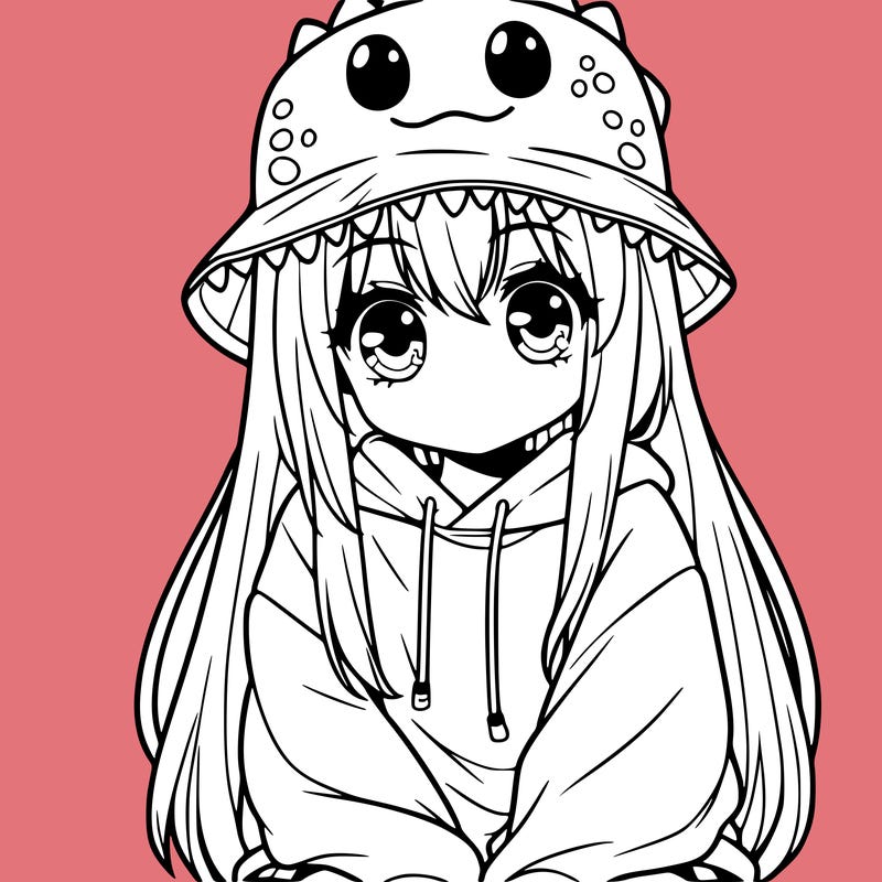 girl with anime shaped eyes with a dinosaur bucket hat oversized sweatshirt long straight hair
