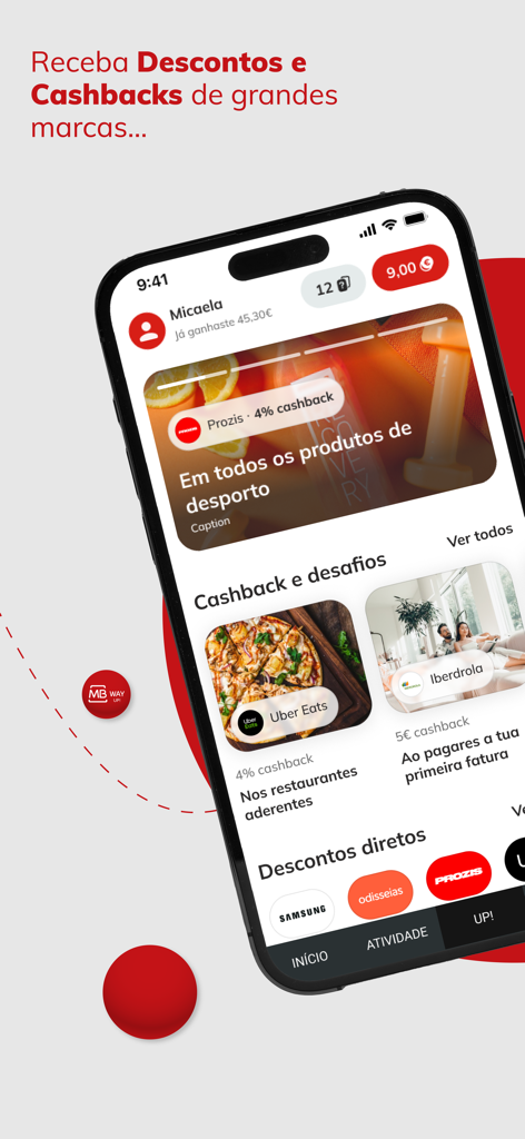 Interface da aplicação MB WAY exibindo várias ofertas de cashback e descontos em compras de marcas parceiras