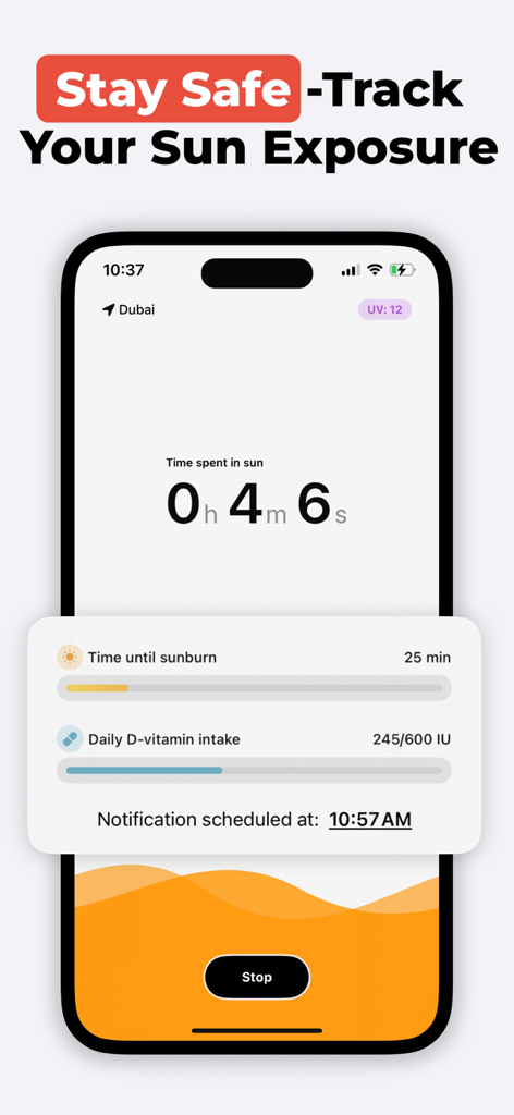 SunSafe mobile app interface tracking sun exposure time and daily vitamin D intake
