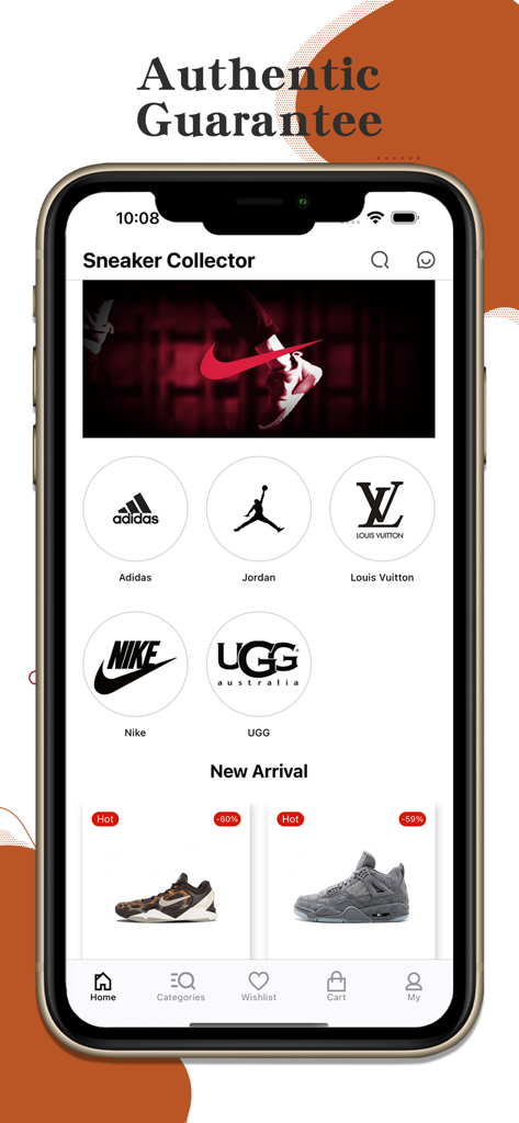 Nike JordanやLouis Vuittonのようなブランドカテゴリ、新着アイテム、割引タグが表示されたSneaker Onlineモバイルアプリのホーム画面。