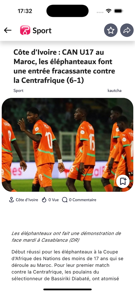 Un artículo de noticias deportivas en la aplicación móvil Koaci informando sobre la victoria del equipo de fútbol Sub-17 de Costa de Marfil