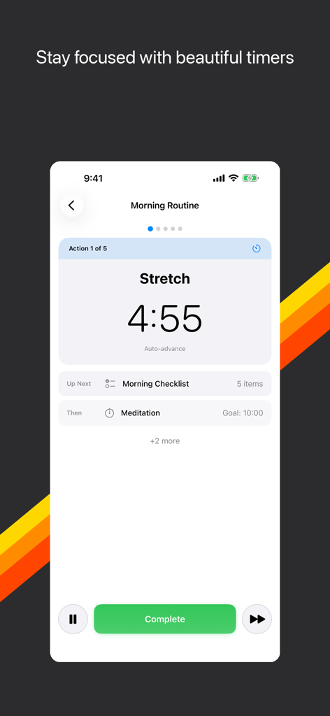 Sequence - Timer & Routines - Una pantalla de temporizador de rutina matutina en la aplicación Sequence que muestra una cuenta regresiva de estiramiento y las próximas tareas.