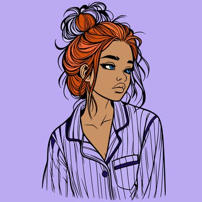 realistic woman with pajamas on and a messy bun