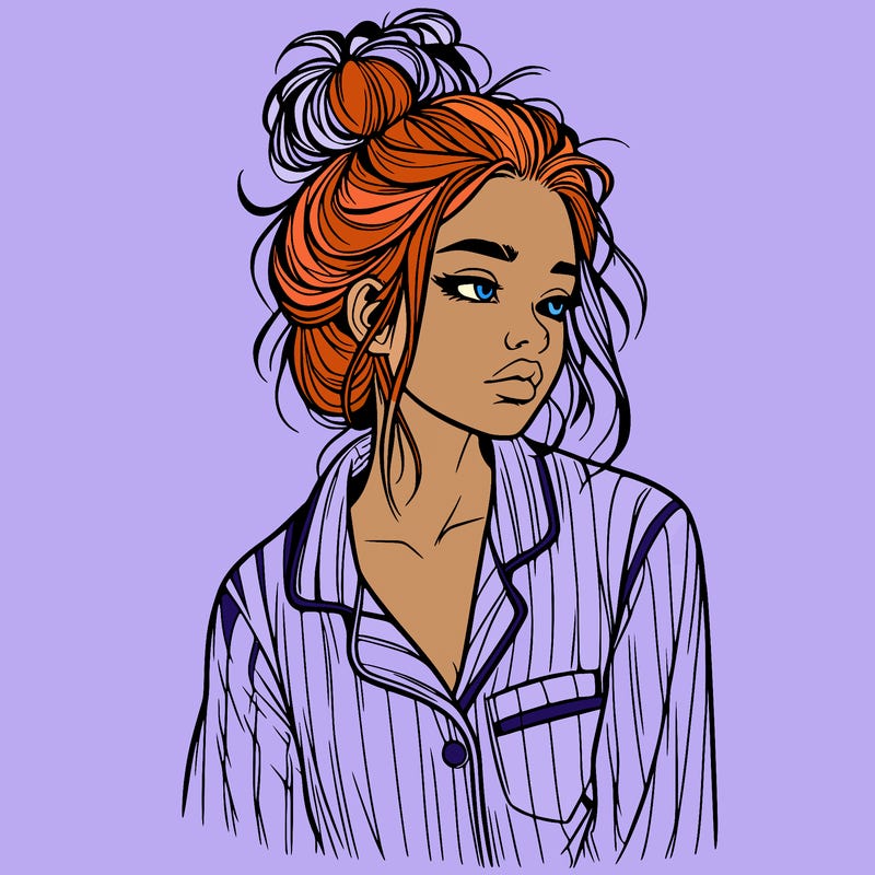 realistic woman with pajamas on and a messy bun