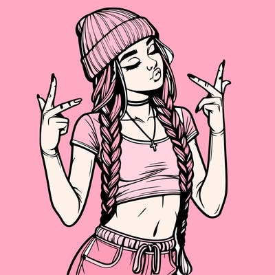 realistic teenage girl with braids and a beanie and crop top doing 🫶🏼