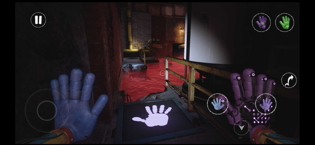 First person view of Poppy Playtime Chapter 3 gameplay showing the purple GrabPack hand in a dark orphanage.