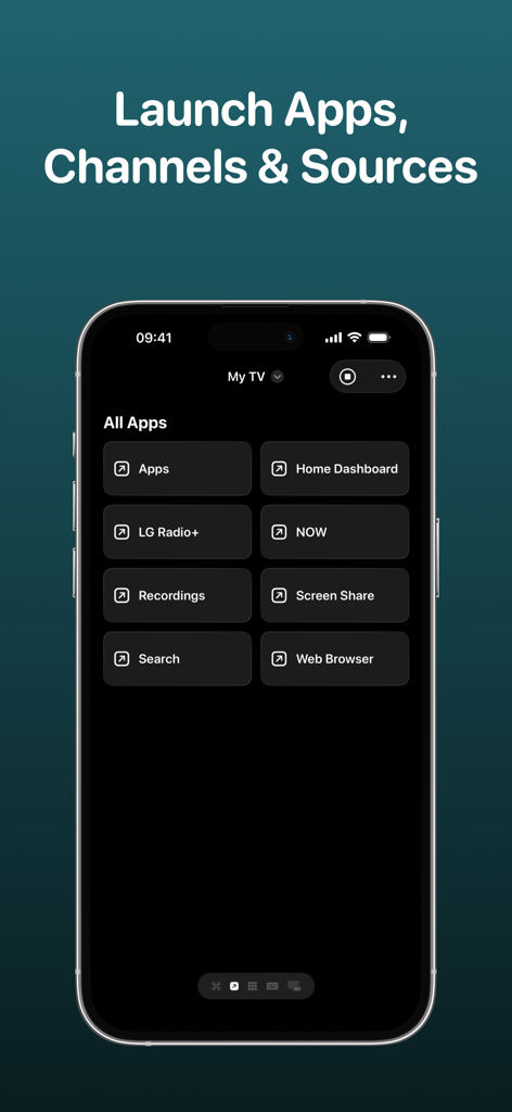 TV Remote - Universal Remote - Interface do aplicativo TV Remote mostrando um menu para iniciar aplicativos, canais e fontes em uma TV inteligente
