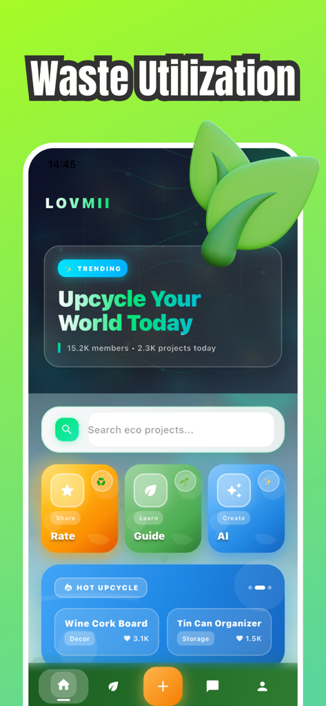 Lovmii app interface showing upcycling projects and eco friendly community features for sustainable living