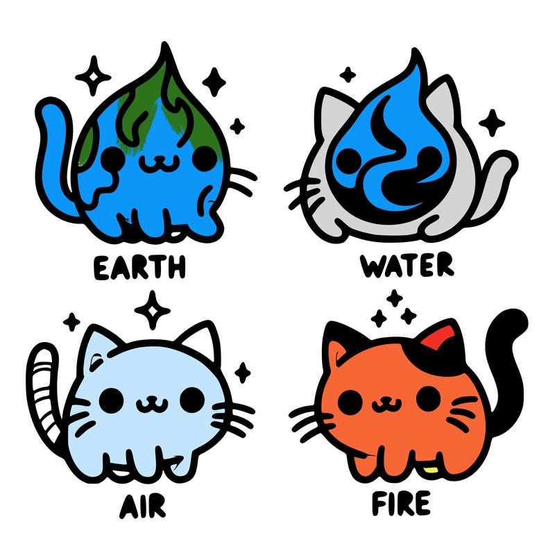 4 cats that represent the different elements, earth, water, air, and fire
